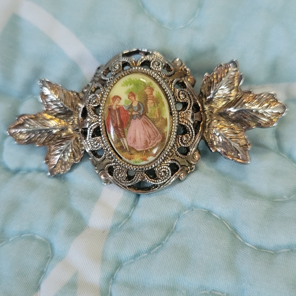 Vintage Silver Tone Brooch with Victorian Scene
